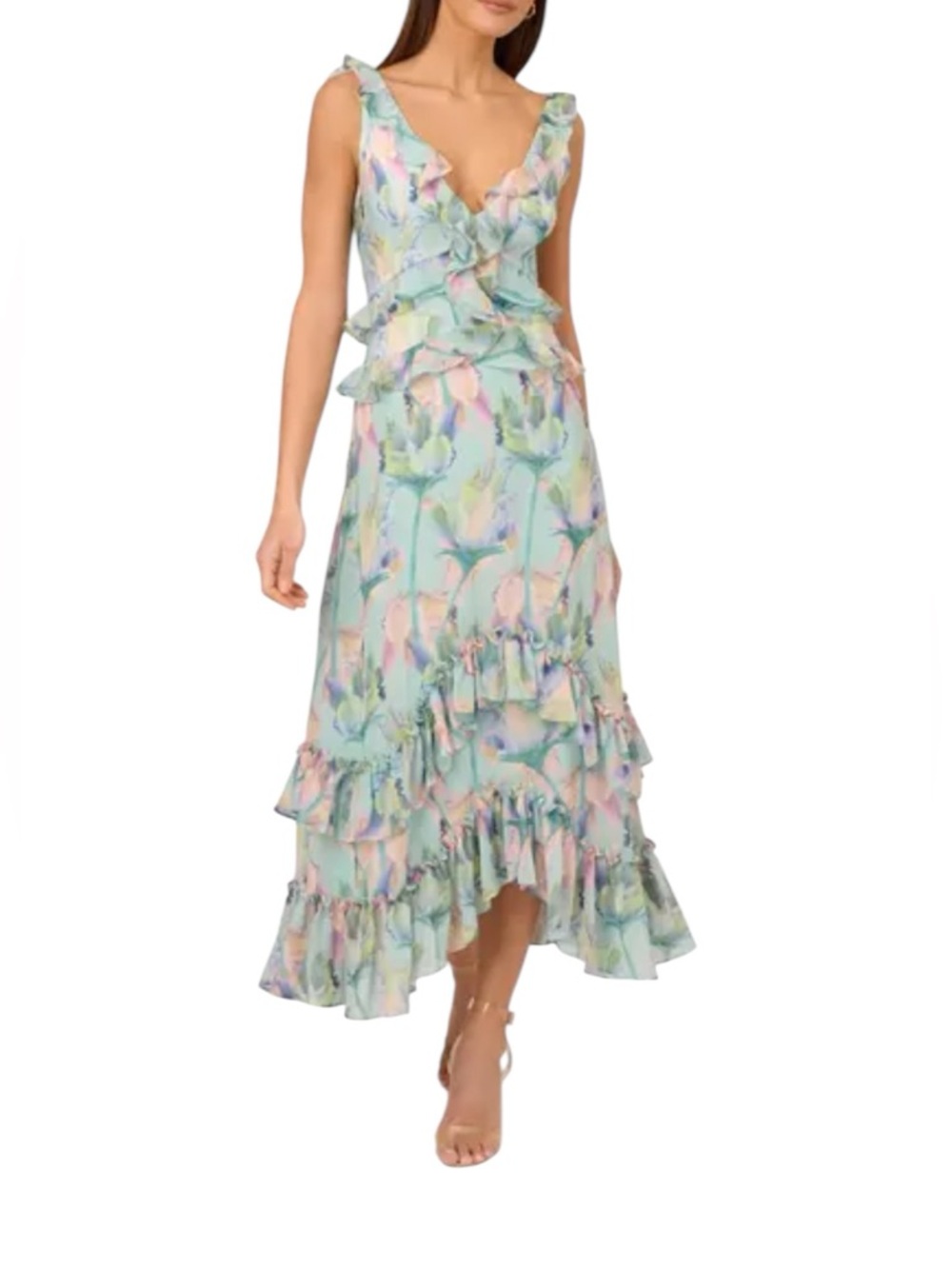Adrianna Papell Sleeveless Floral Print High Low Maxi Dress Ruffle Trim In Mint